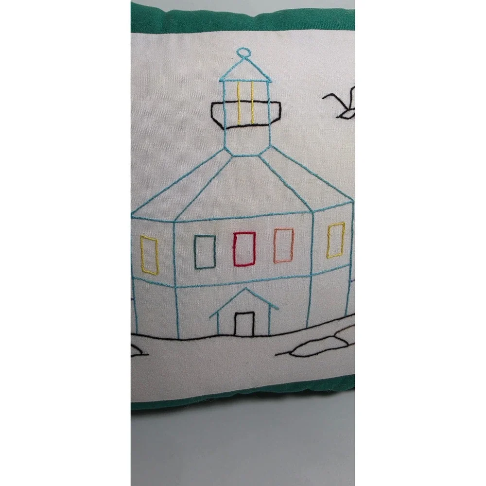 Double sided Hand Embroidered Lighthouse Nautical Throw Pillow Green 11